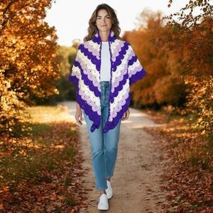 Handmade Crocheted Shawl Wrap Triangle Purple White Lavender Boho Hippie